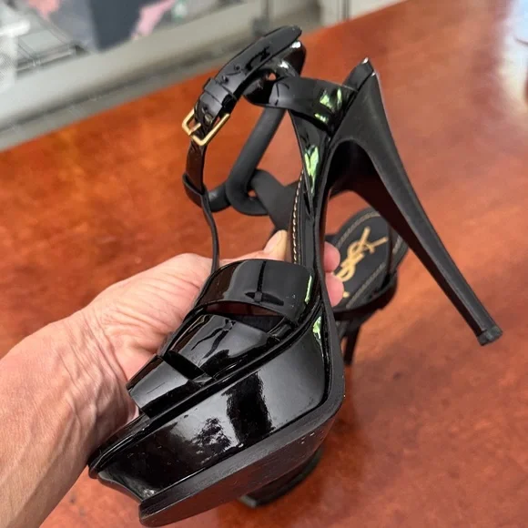 Yves Saint Laurent Tribute Black Patent Stiletto Platform Sandals Sz 7 - Picture 6 of 7